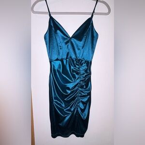 Emerald Sundae Teal Satin Ruched Mini Dress Size Small